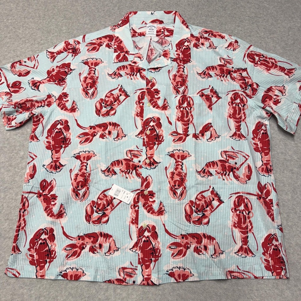 Brooks Brothers Shirt Mens 2XL Blue Lobster Print Hawaiian Button Up Loop Collar